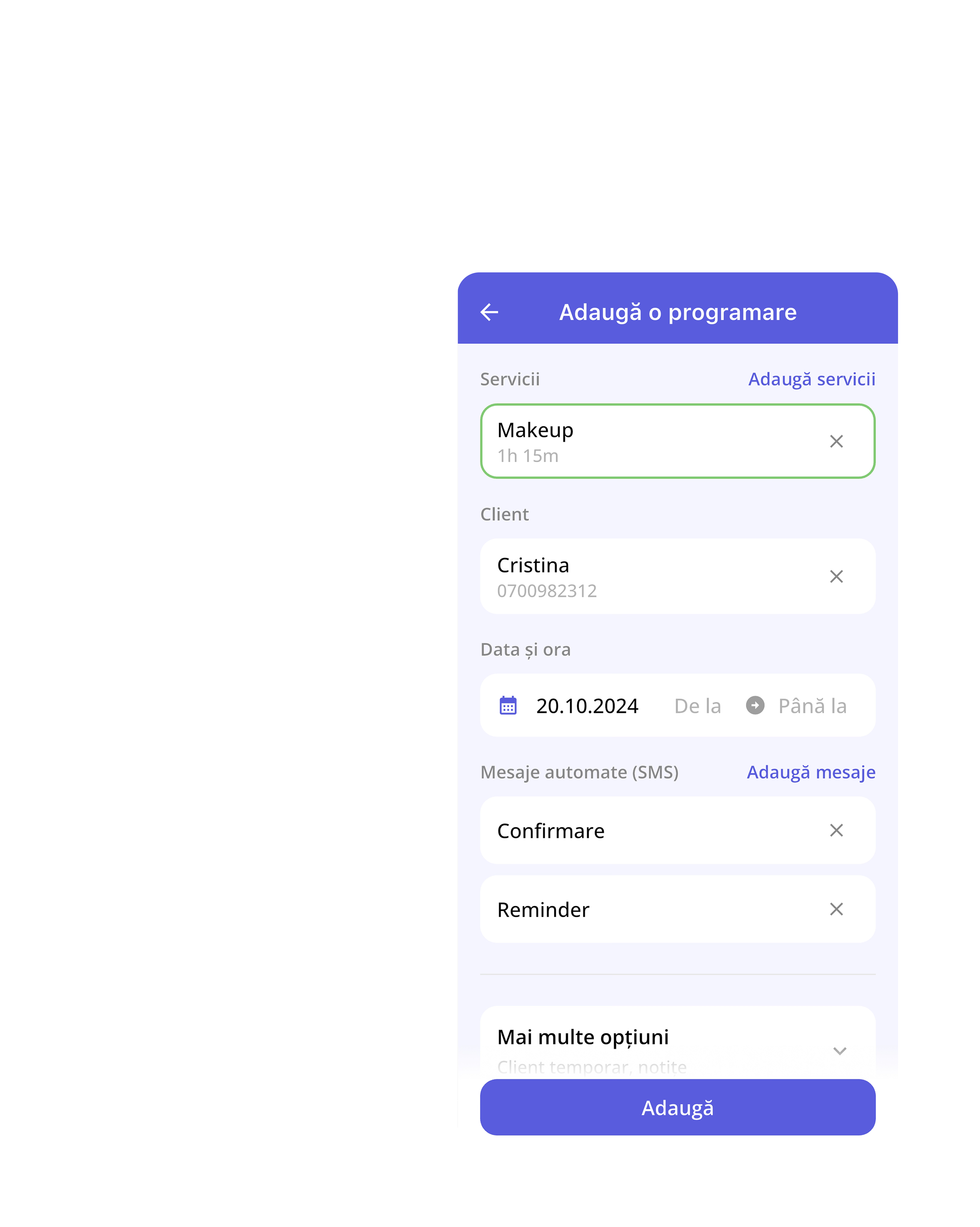 Interfața aplicației mobile SmartAgenda arătând ecranul de gestionare clienți